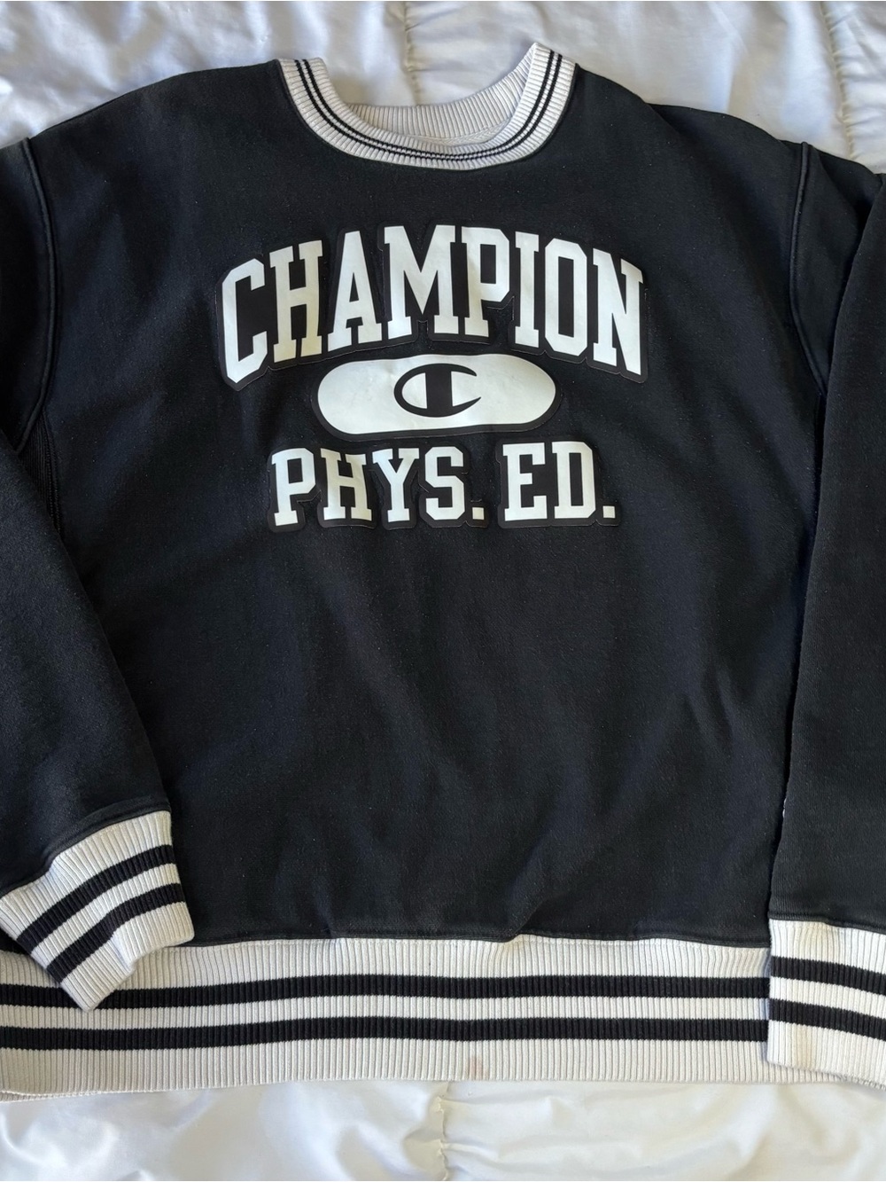 Champion Black Crewneck Sweatshirt with White Trim and Graphic